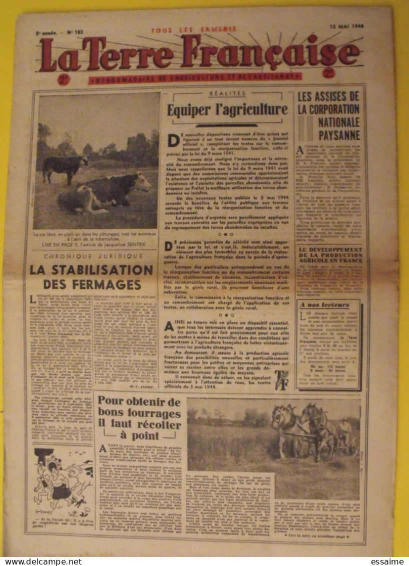 Hebdo La Terre Française. N° 183 Du 13 Mai 1944. Agriculture Artisanat Gazogène Fermages - Weltkrieg 1939-45