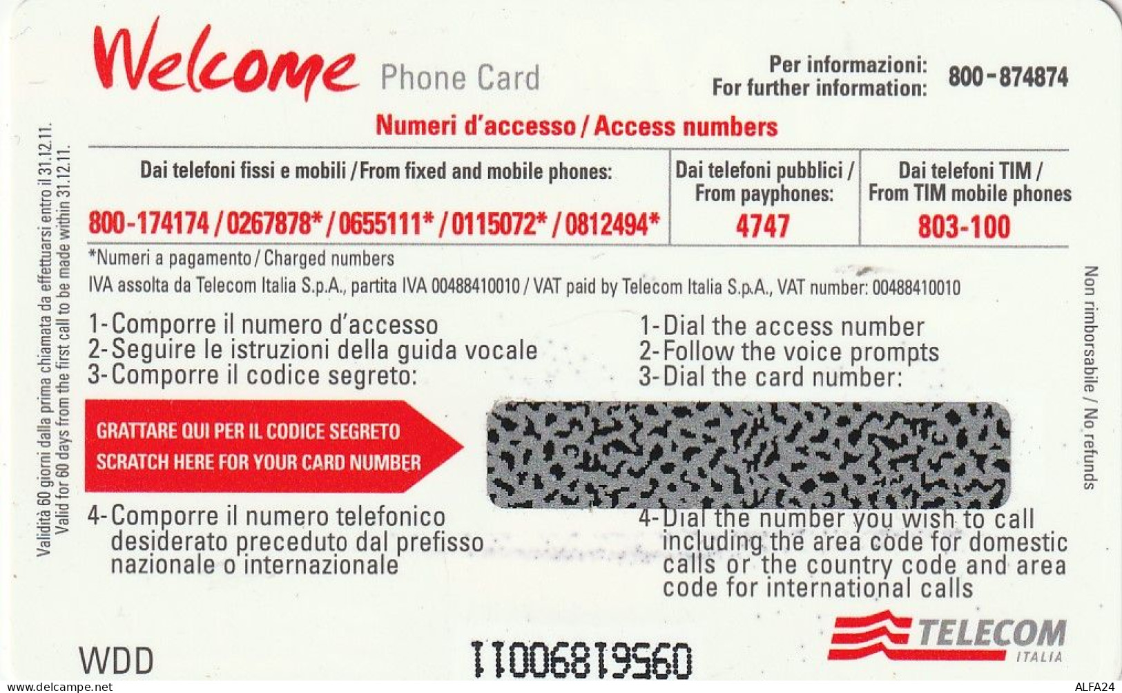 PREPAID PHONE CARD ITALIA WELCOME WDD (CZ1406 - Public Ordinary