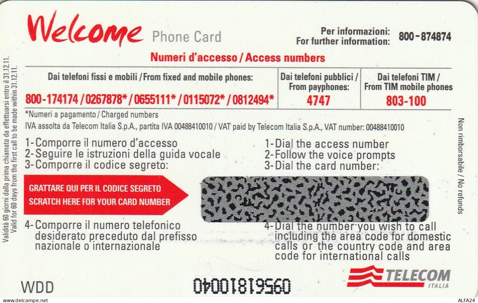 PREPAID PHONE CARD ITALIA WELCOME WDD (CZ1403 - Openbaar Gewoon