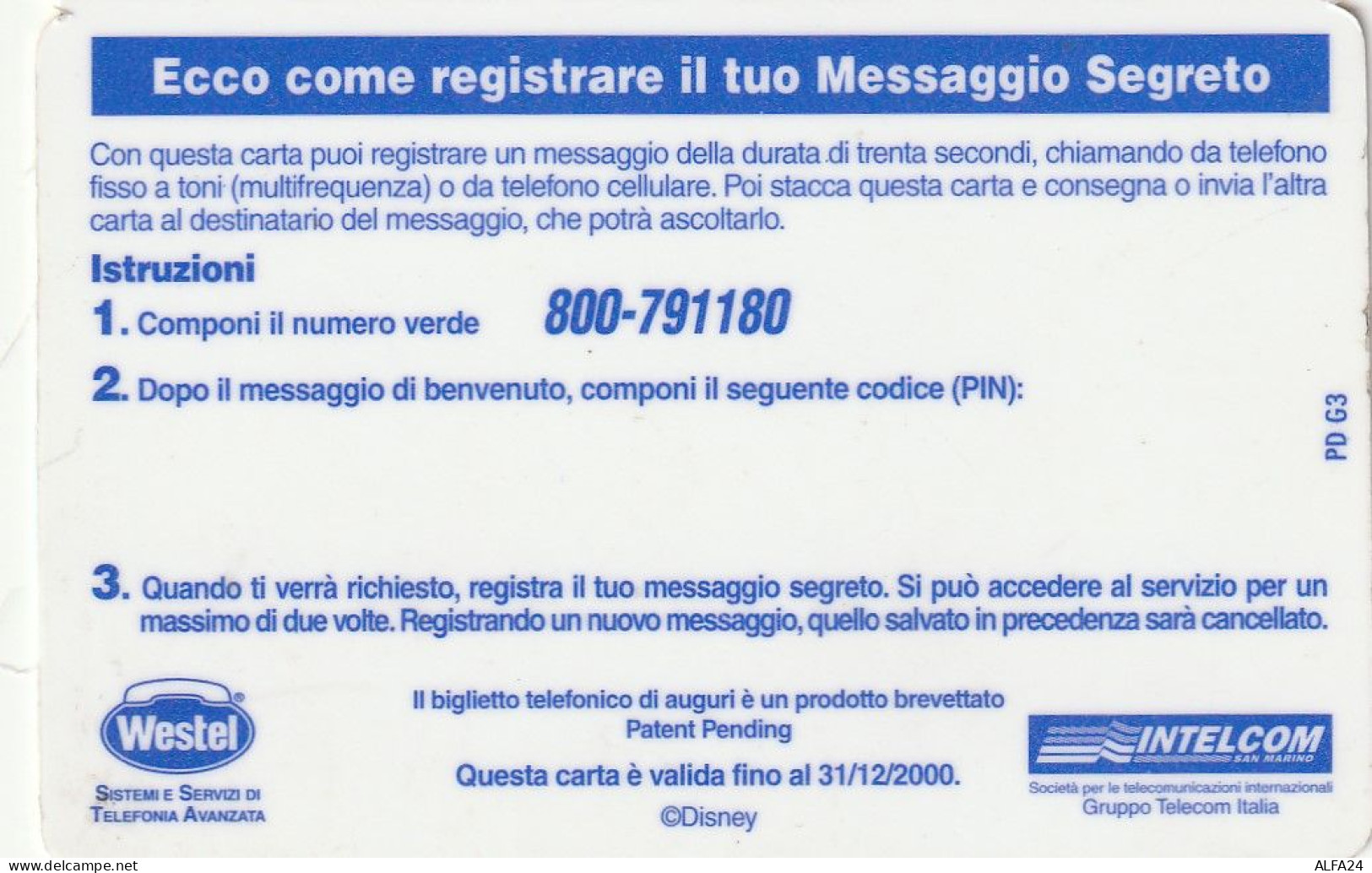 PREPAID PHONE CARD ITALIA INTELCOM DISNEY (CZ1364 - [2] Handy-, Prepaid- Und Aufladkarten