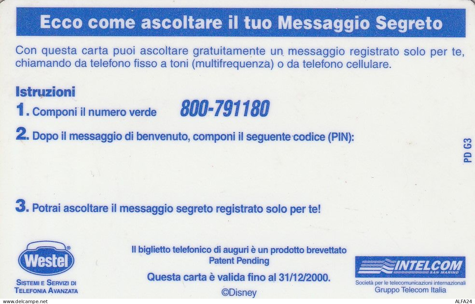 PREPAID PHONE CARD ITALIA INTELCOM DISNEY (CZ1365 - Schede GSM, Prepagate & Ricariche