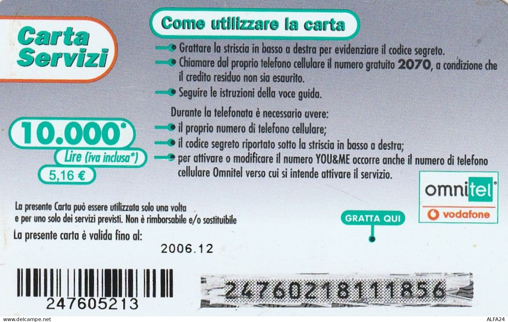 CARTA SERVIZI VODAFONE  (CZ1302 - [2] Handy-, Prepaid- Und Aufladkarten