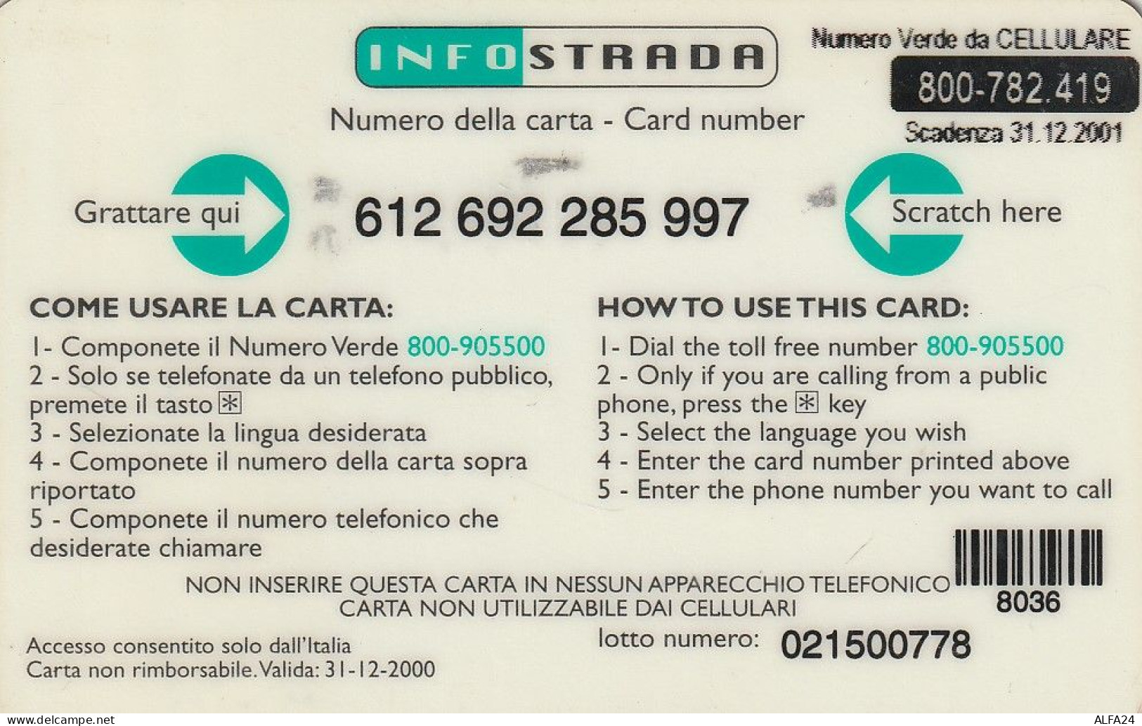 PREPAID PHONE CARD ITALIA INFOSTRADA (CZ1267 - GSM-Kaarten, Aanvulling & Voorafbetaald