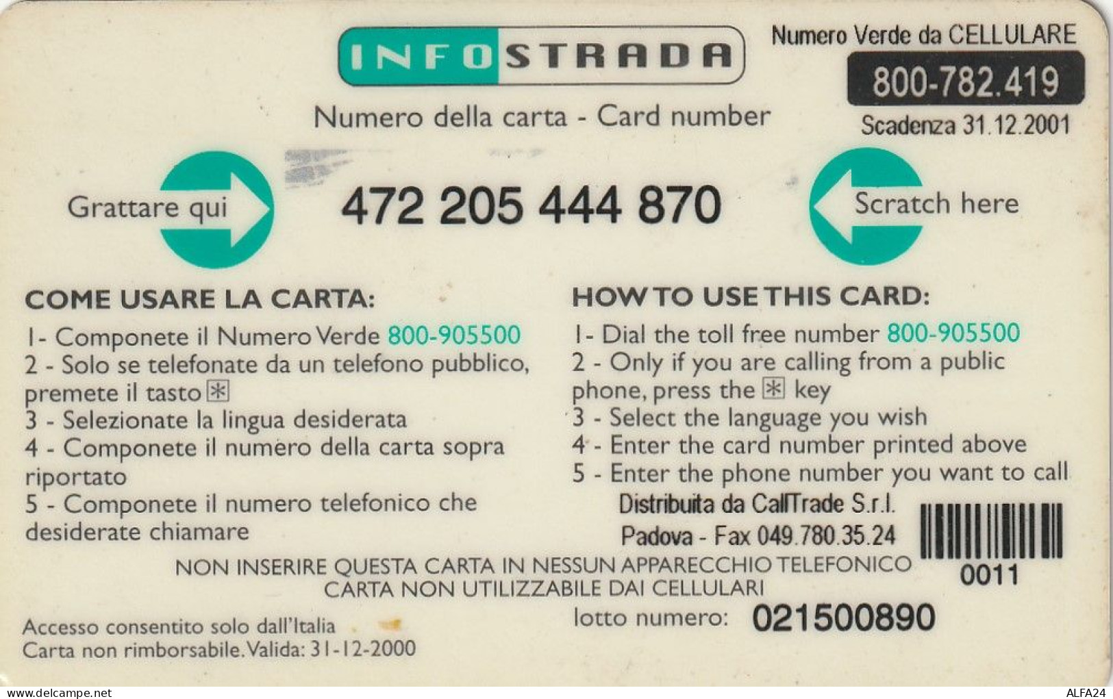 PREPAID PHONE CARD ITALIA INFOSTRADA (CZ1266 - GSM-Kaarten, Aanvulling & Voorafbetaald