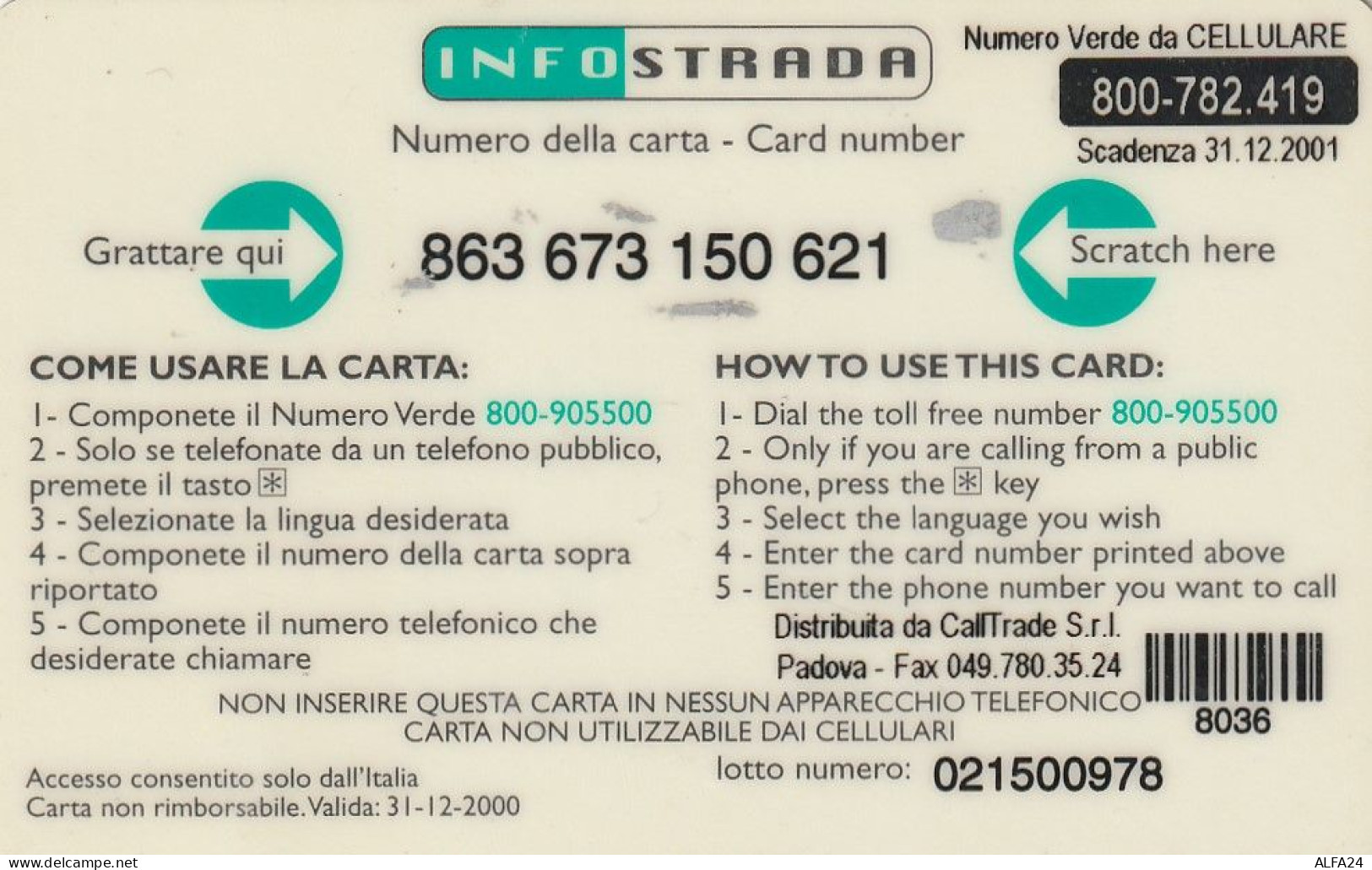 PREPAID PHONE CARD ITALIA INFOSTRADA (CZ1262 - Schede GSM, Prepagate & Ricariche