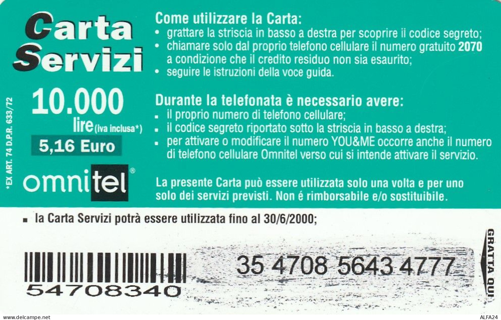 CARTA SERVIZI OMNITEL  (CZ1080 - [2] Handy-, Prepaid- Und Aufladkarten