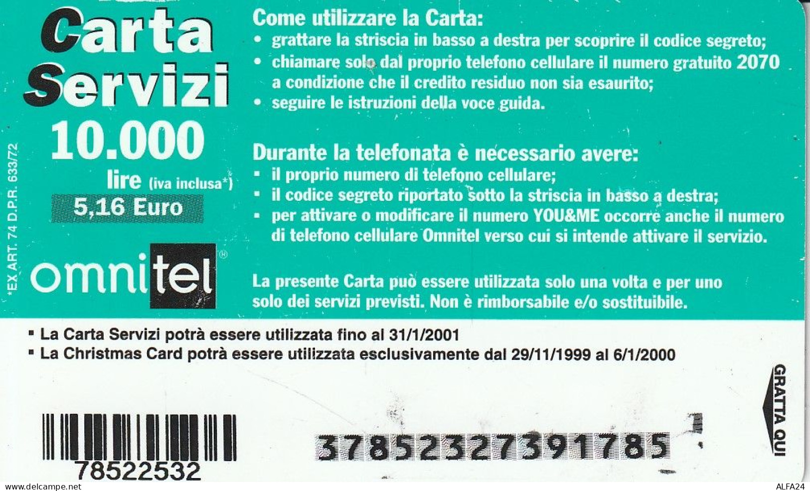 CARTA SERVIZI OMNITEL  (CZ1081 - [2] Tarjetas Móviles, Prepagadas & Recargos