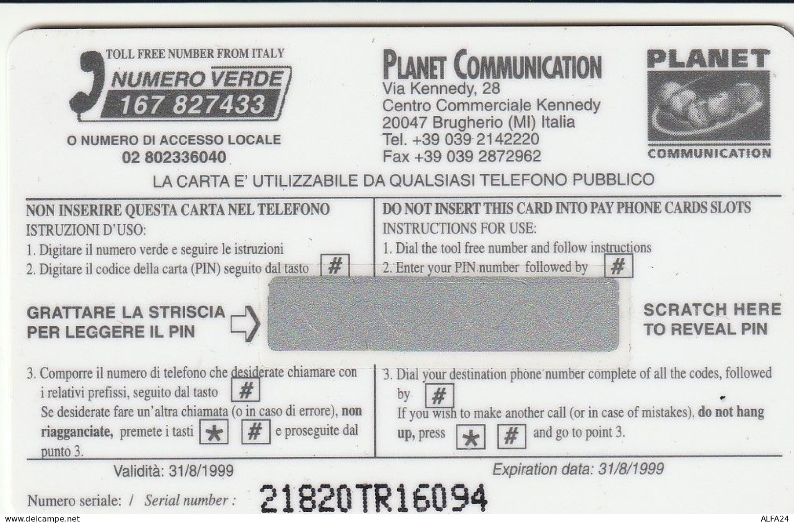 PREPAID PHONE CARD ITALIA PLANET (CZ1090 - [2] Tarjetas Móviles, Prepagadas & Recargos