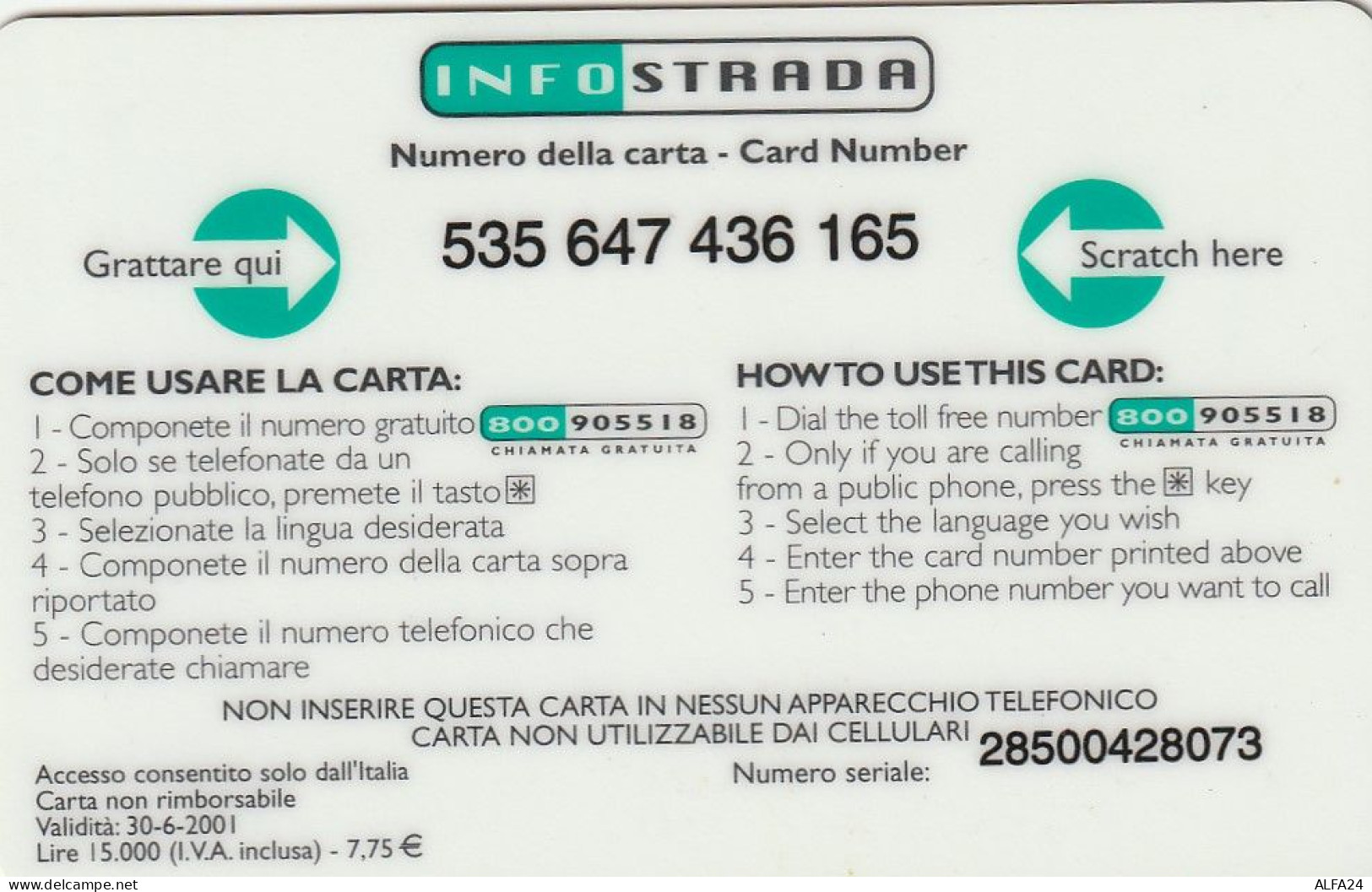 PREPAID PHONE CARD ITALIA INFOSTRADA (CZ1079 - [2] Sim Cards, Prepaid & Refills