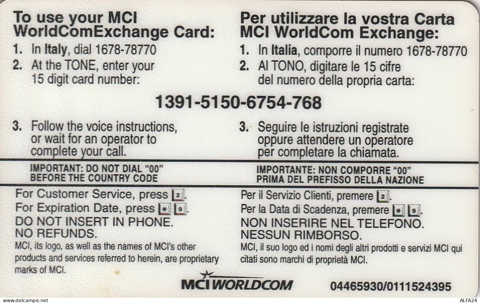 PREPAID PHONE CARD ITALIA MCI (CZ1071 - GSM-Kaarten, Aanvulling & Voorafbetaald