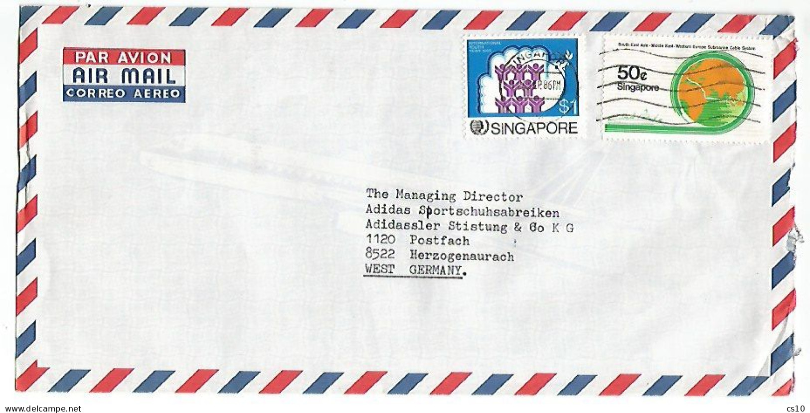 Singapore Airmail CV 24sep1986 With Youth Year C$.1 + Submarine Cable C.50 - Singapur (1959-...)