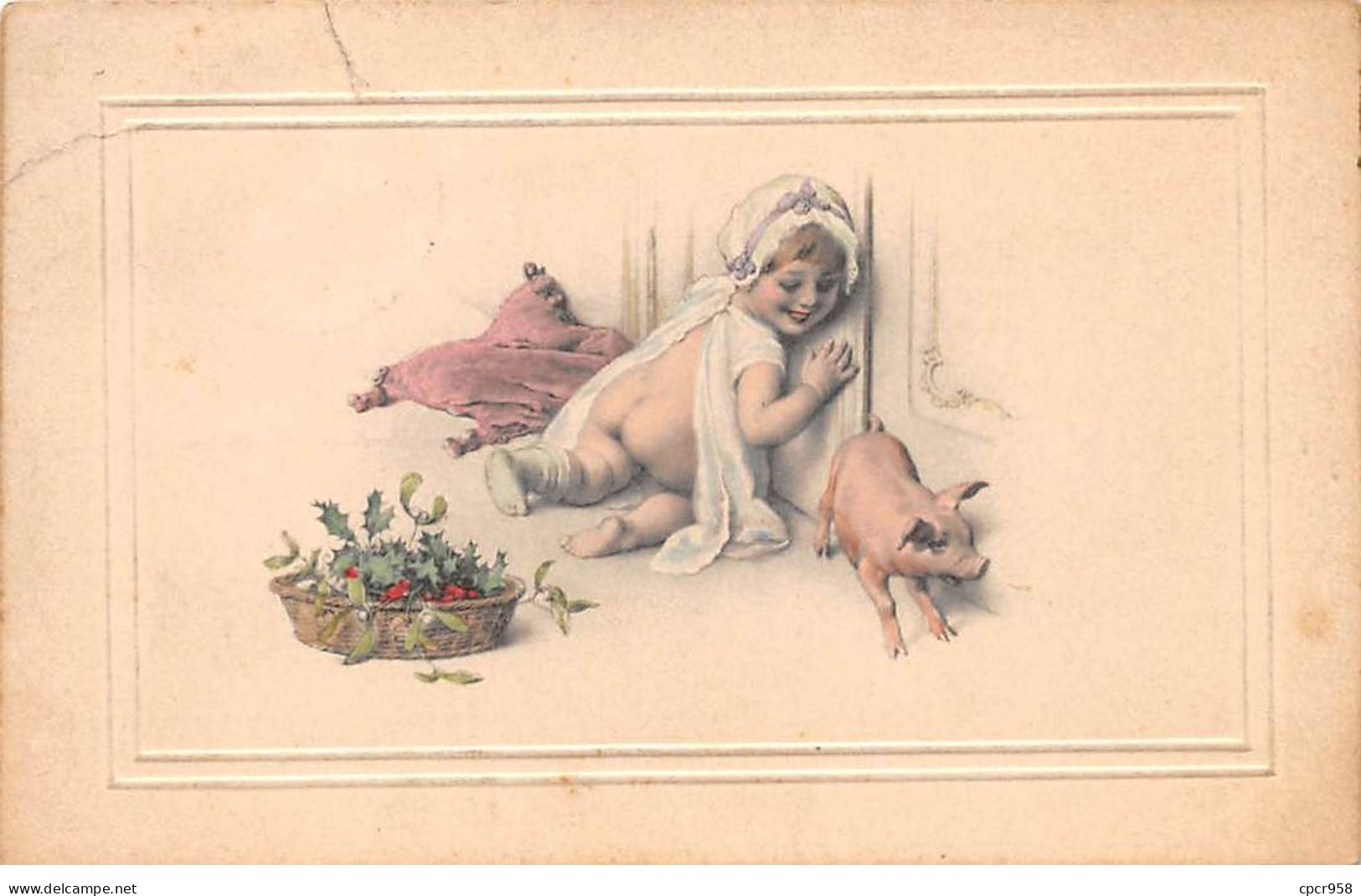 Cochons - N°82113 - Fillette Et Un Cochon Derrière Une Porte - Carte Déchirée Vendue En L'état - Pigs