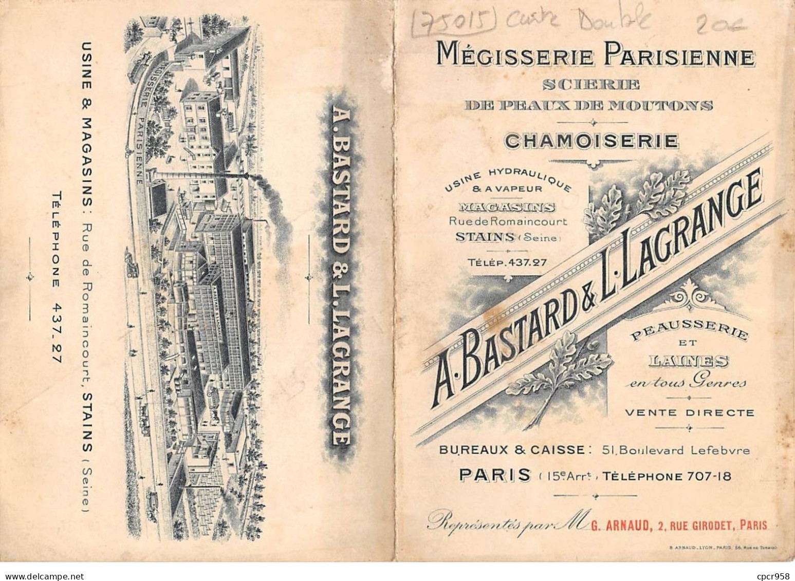 75015 - N°82243 - PARIS - Mégisserie Parisienne Scierie De Peaux De Moutons A. Bastard & L. Lagrange - Carte Double - Arrondissement: 15