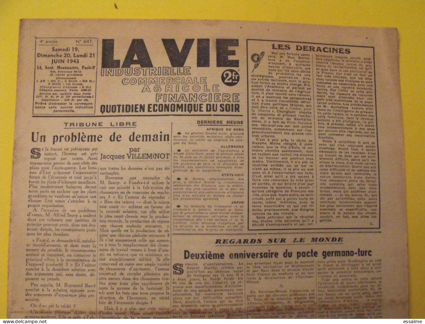 La Vie Industrielle Commerciale Agricole Financière. N° 647 Du 19 Juin 1943. Guerre Laval Pétain STO Gazogène Meunerie - Guerre 1939-45