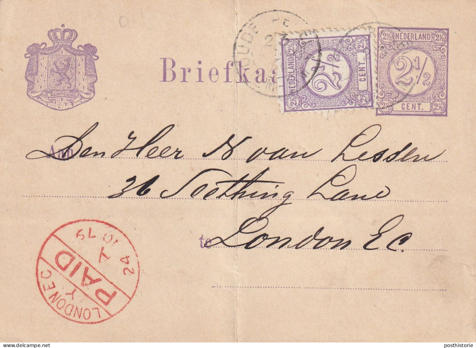 Briefkaart  23 Nov 1879 Oude Pekela (tweeletter Stempel) Naar Londen - Poststempel