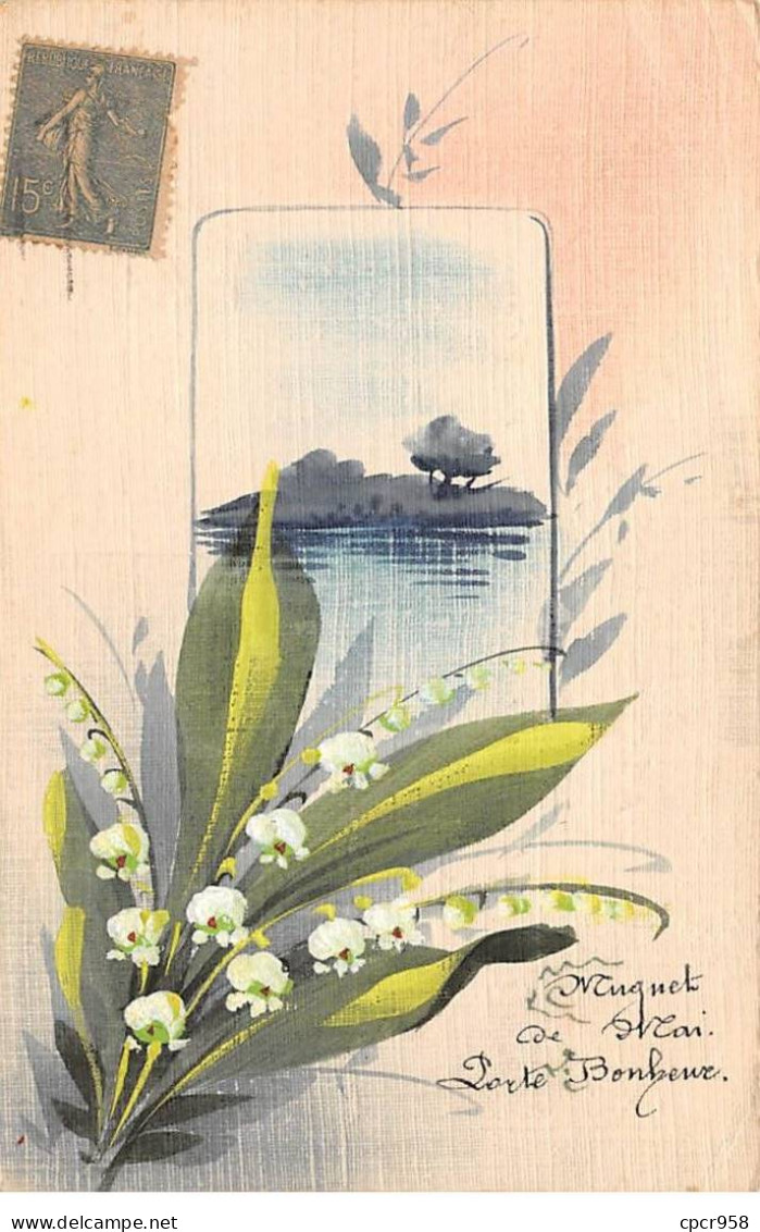 Illustrateur - N°81163 - Bouquet De Muguet Devant Une étendue D'eau - Carte Peinte à La Main - Autres & Non Classés