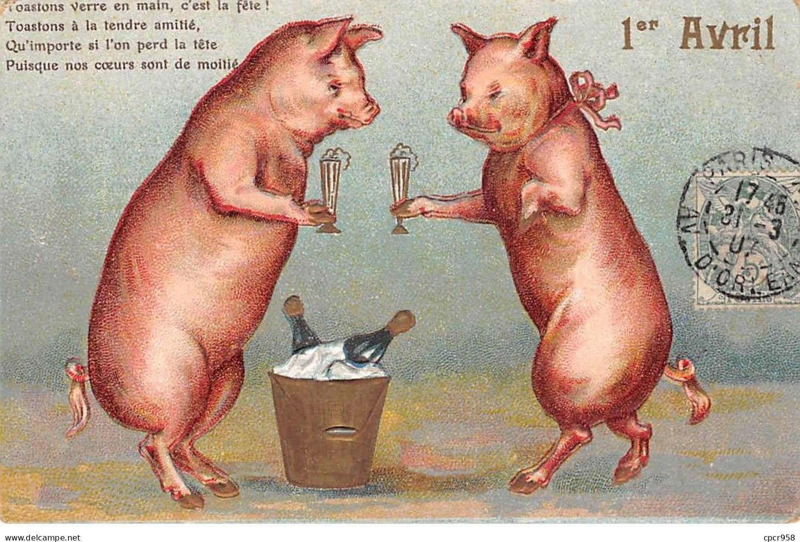 1er Avril - N°81416 - Toastons Verre En Main .... - Cochons Trinquant Avec Des Flûtes De Champagne - Carte Gaufrée - 1er Avril - Poisson D'avril