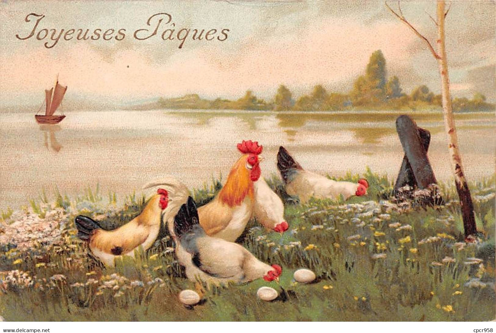 Pâques - N°82856 - Joyeuses Pâques - Poules Et Coq Au Bord De L'eau - Carte Gaufrée, Vendue En L'état - Ostern