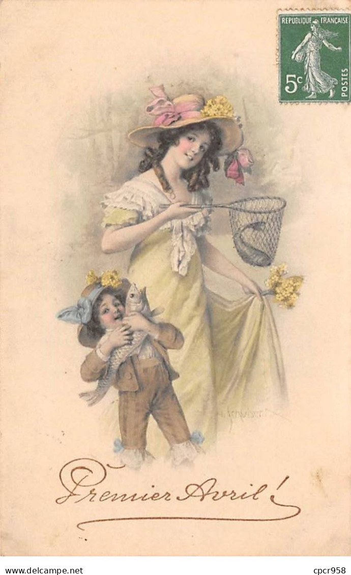 1er Avril - N°81413 - M.M. Vienne N°379 - Premier Avril - Jeune Femme Avec Un Poisson Dans Une épuisette, Avec Un Garçon - 1 De April (pescado De Abril)