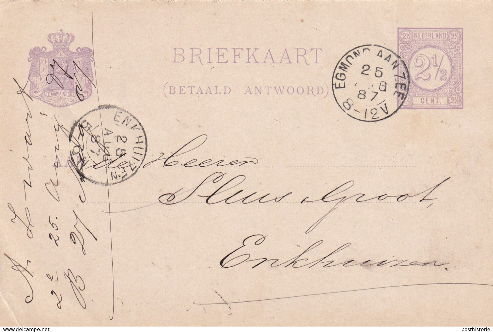 Briefkaart  25 Aug 1887 Egmond Aan Zee (hulpkantoor Kleinrond) Naar Enkhuizen (kleinrond) - Marcophilie