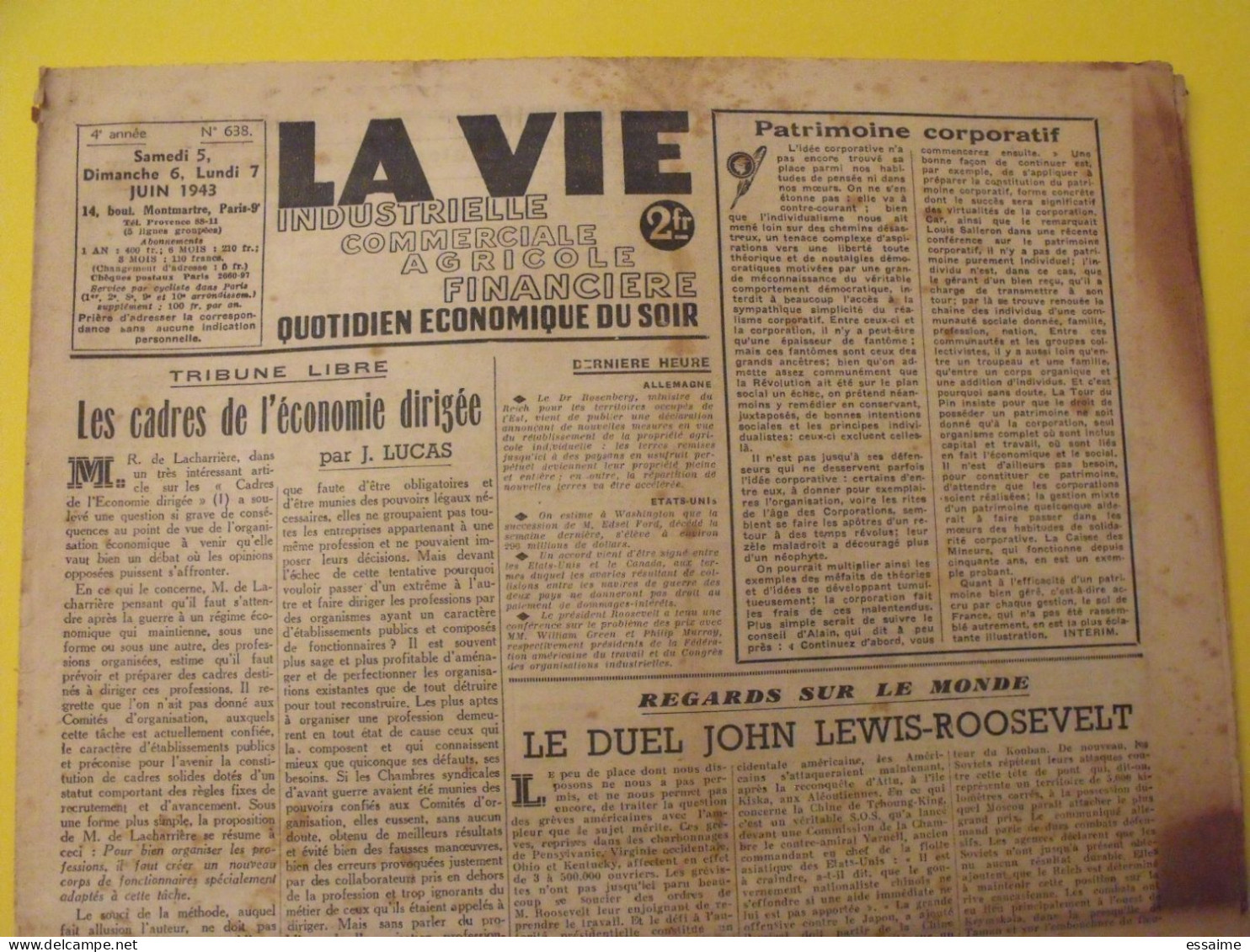 La Vie Industrielle Commerciale Agricole Financière. N° 638 Du 5 Juin 1943. Guerre Laval Pétain  Gazogène Meunerie - Oorlog 1939-45