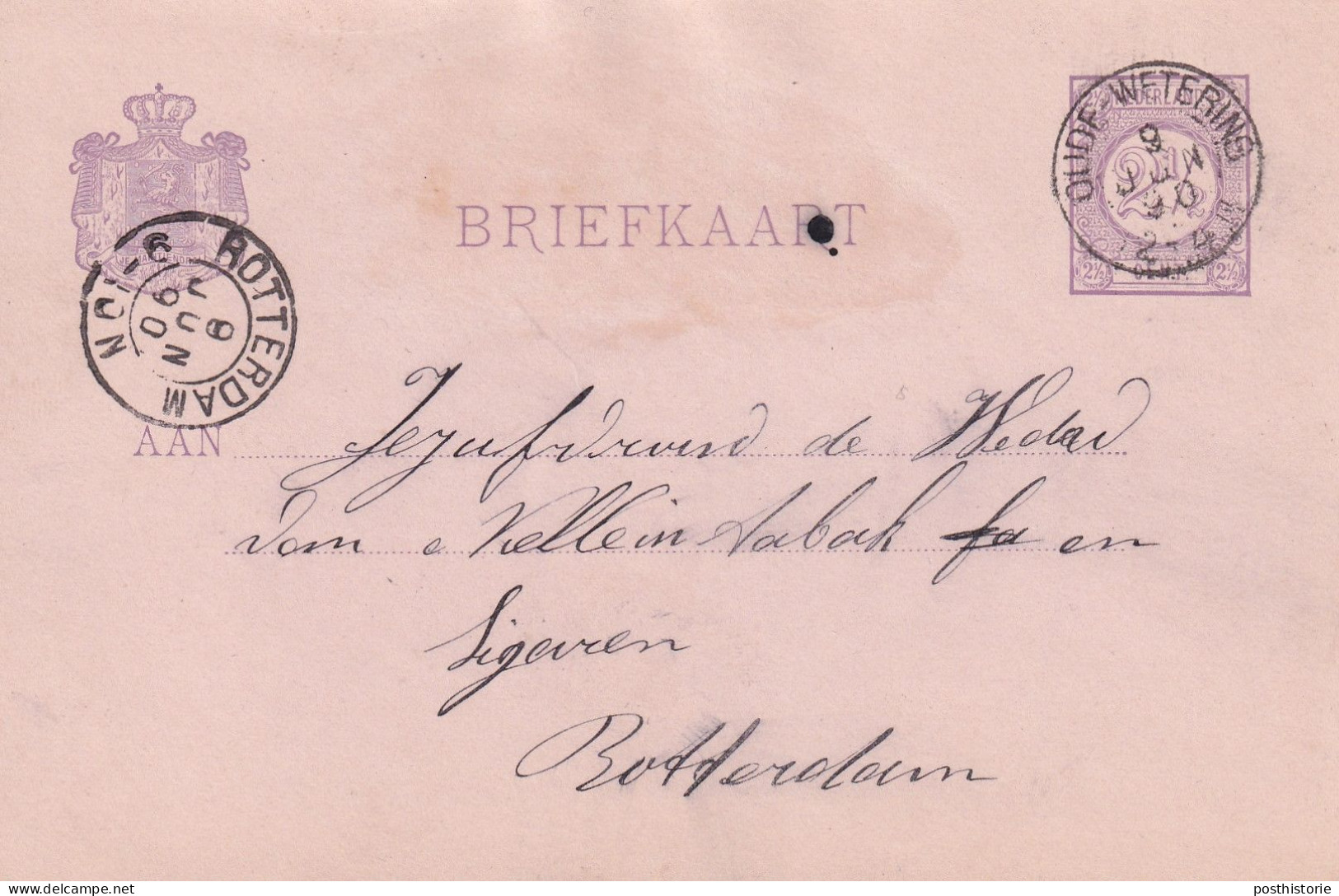 Briefkaart  9 Jun 1890 Oude-Wetering (hulpkantoor Kleinrond) Naar Rotterdam (kleinrond) - Poststempels/ Marcofilie