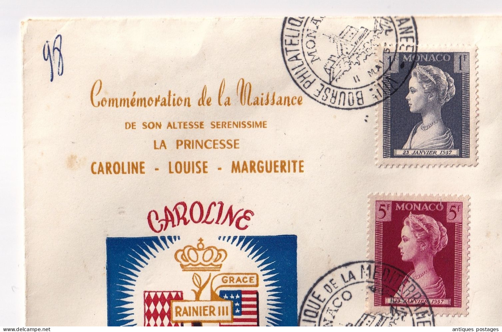 Lettre Recommandée 1957 Monaco Naissance Princesse Caroline De Monaco Monte Carlo Grimaldi Stamp Grace Kelly - Brieven En Documenten