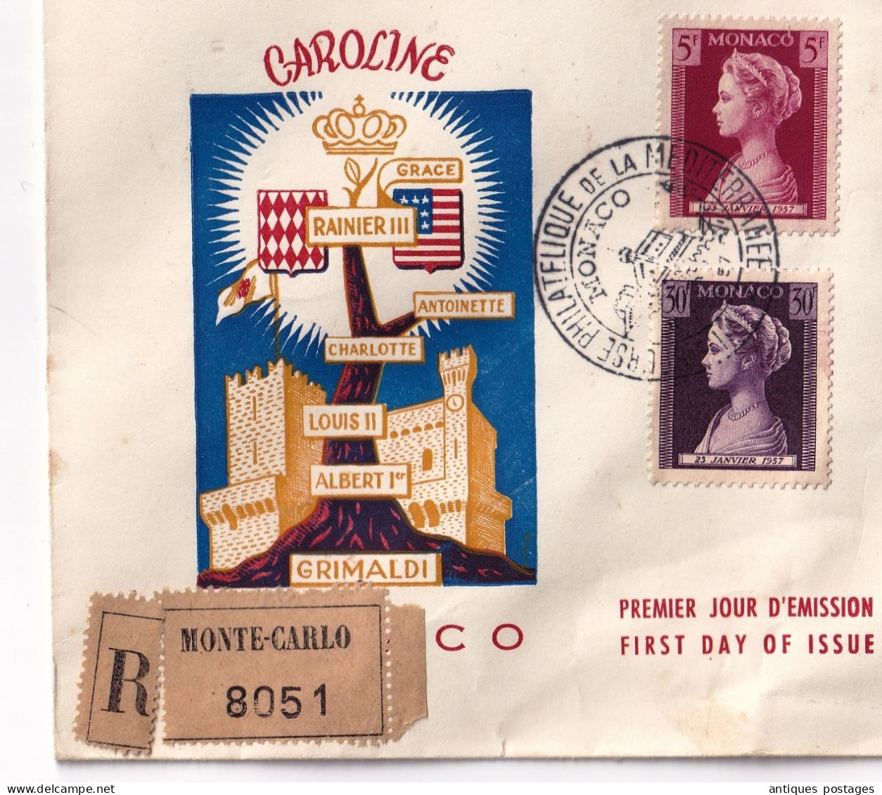 Lettre Recommandée 1957 Monaco Naissance Princesse Caroline De Monaco Monte Carlo Grimaldi Stamp Grace Kelly - Lettres & Documents