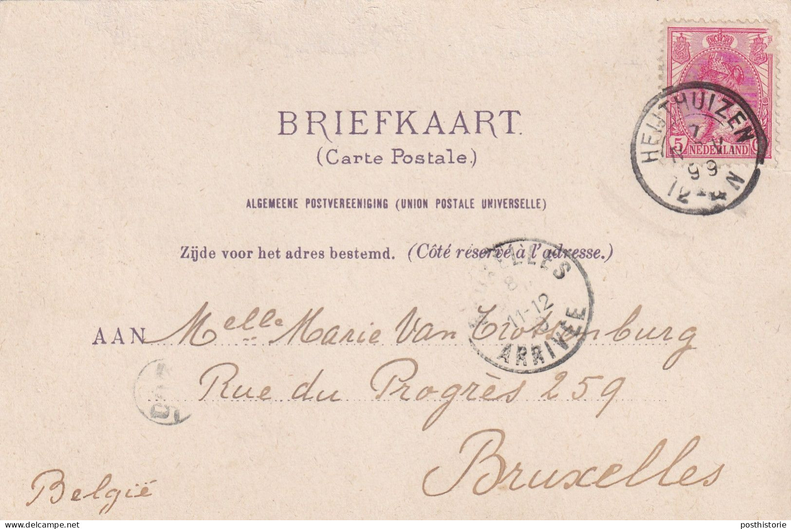 Ansicht 7 Nov 1899 Heijthuizen (hulpkantoor Kleinrond) Naar Brussel - Marcophilie