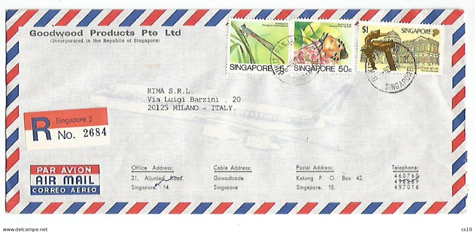 Singapore Airmail CV 8dec1987  With Museum $.1 + Insects C.5Damselfly + C.50 Shield Bug - REGISTERED - Singapur (1959-...)