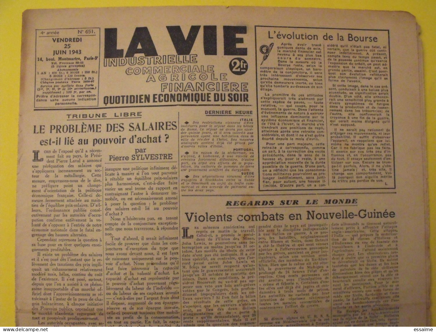 La Vie Industrielle Commerciale Agricole Financière. N° 651 Du 25 Juin 1943. Guerre Japon Bourse Actualités - Guerre 1939-45