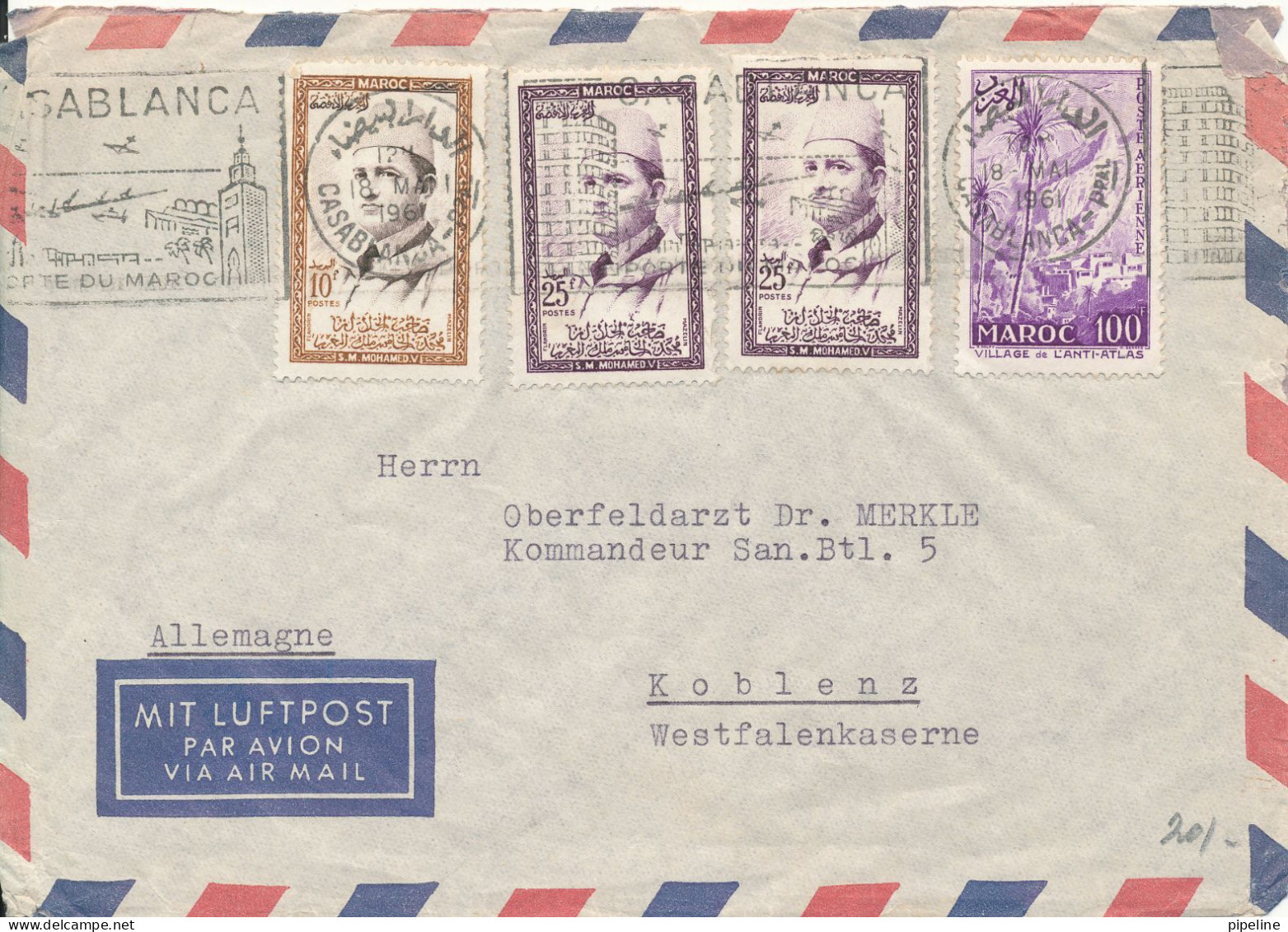 Morocco Air Mail Cover Sent To Germany 18-5-1961 The Cover Is A Little Damaged In The Right Side - Marokko (1956-...)