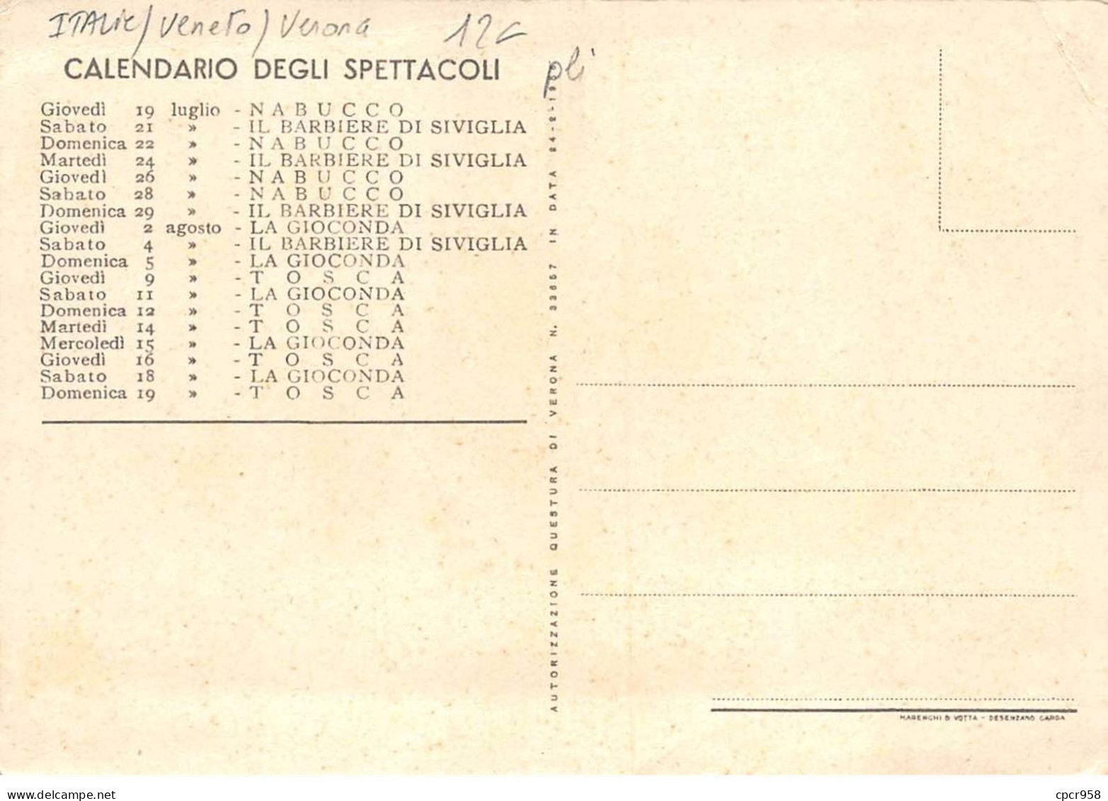 ITALIE - VERONE - SAN39596 - Arena Di Verona - Nabucco La Gioconda - Il Barbiere Di Siviglia - Tosca - Pli - 15x10 C - Verona