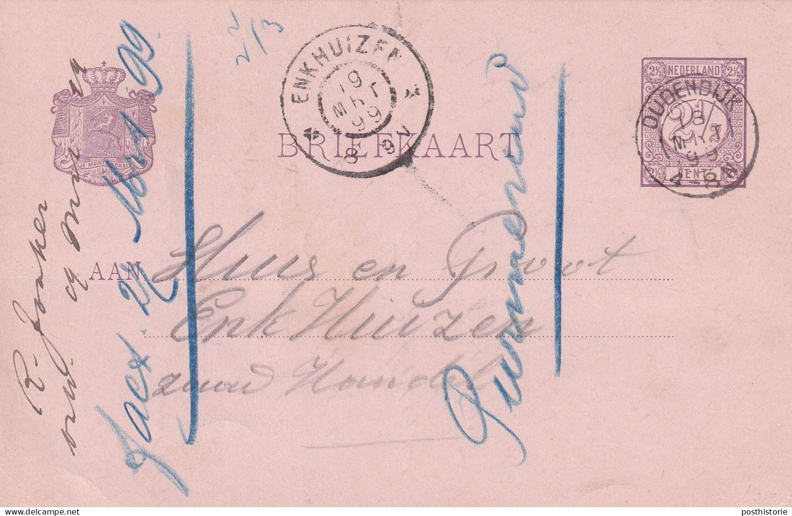 Briefkaart 18 Mrt 1899 Oudendijk  (hulpkantoor Kleinrond) Naar Enkhuizen (grootrond) - Marcophilie