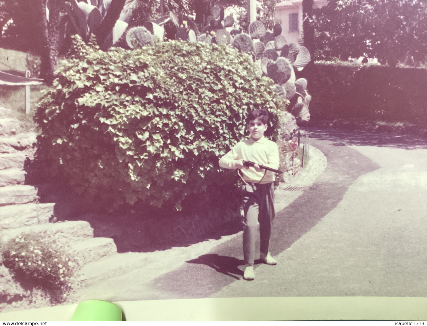 Snapshot 1957 Photo Couleur Annecy, Garçon Sur La Route Avec Une Carabine En Jouet, Cactus, Maison, Maison, Escalier Es - Anonyme Personen