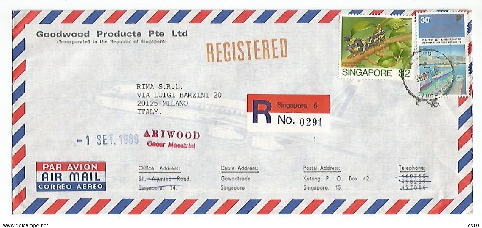 Singapore Airmail CV 28APR1989  With Port Authority C.30 + Insects $.2 Grasshopper - REGISTERED - Singapour (1959-...)