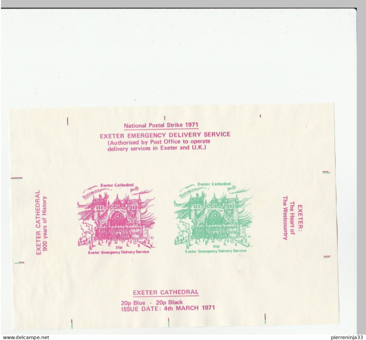 STRIKE MAIL EXETER EMERGENCY DELIVERY SERVICE, 1971, Feuillet De 2 Timbres, Cathédrale, Neuf Sans Gomme - Emissions Locales