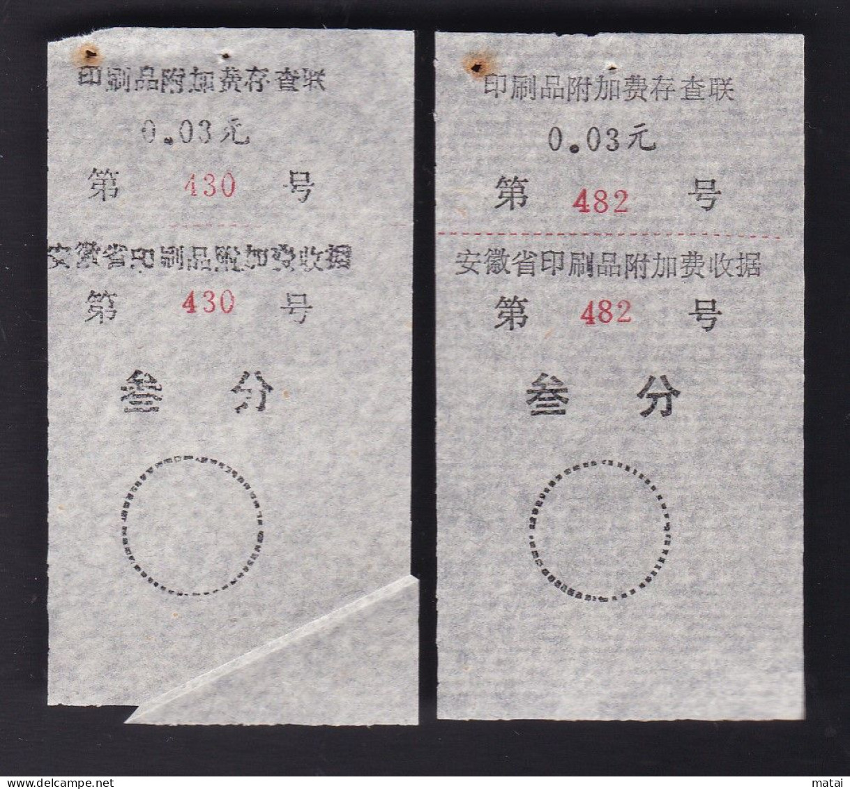 CHINA CHINE CINA ANHUI  ADDED CHARGE LABEL (ACL)  0.03 YUAN  X 2 VARIETY - Other & Unclassified