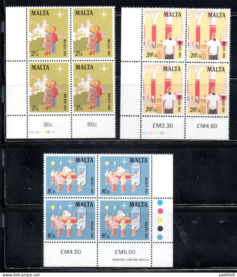 MALTA 1981 CHRISTMAS NATALE NOEL WEIHNACHTEN NAVIDAD NATAL COMPLETE SET SERIE COMPLETA BLOCK QUARTINA MNH - Malta