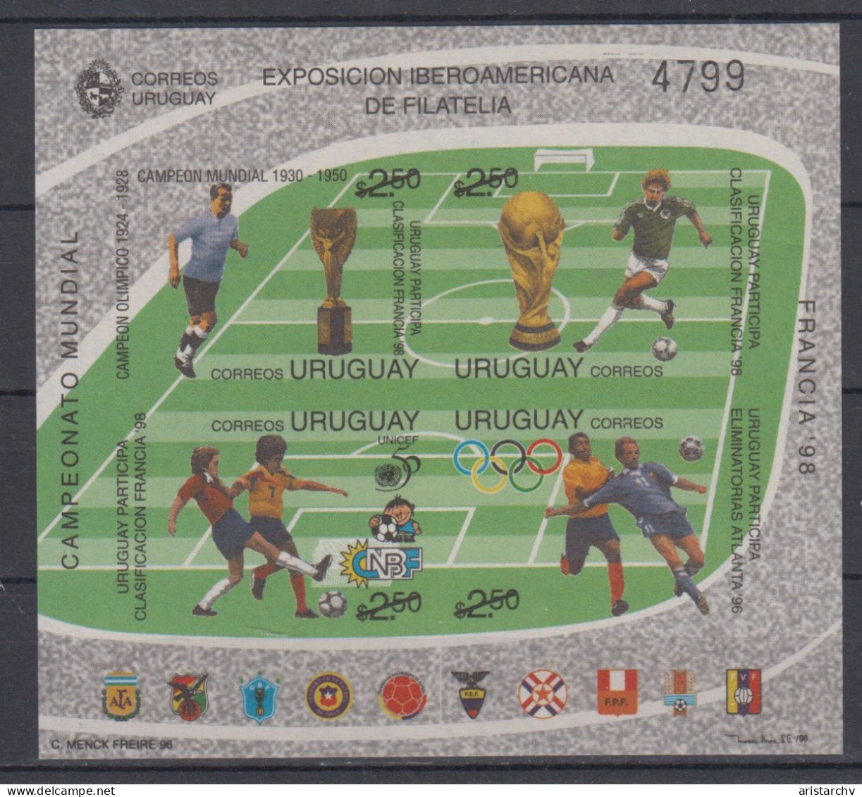 URUGUAY 1998 FOOTBALL WORLD CUP OLYMPIC GAMES STAMPS EXHIBITION IMPERFORATED S/SHEET - 1998 – France