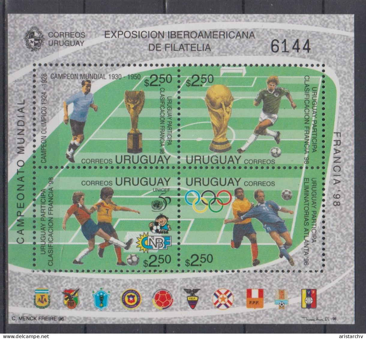 URUGUAY 1998 FOOTBALL WORLD CUP OLYMPIC GAMES STAMPS EXHIBITION IMPERFORATED AND PERFORATED S/SHEETS - 1998 – France