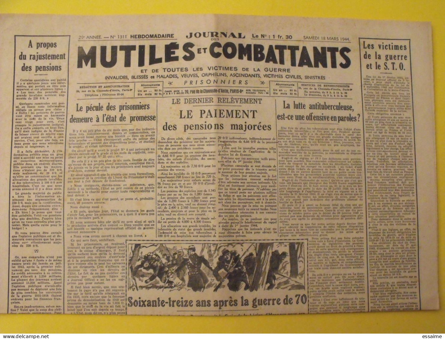 Journal Des Mutilés Et Combattants N° 1311 Du 18 Mars 1944. Prisonniers STO Cathala Petiot Attentats Collaboration LVF - Guerre 1939-45