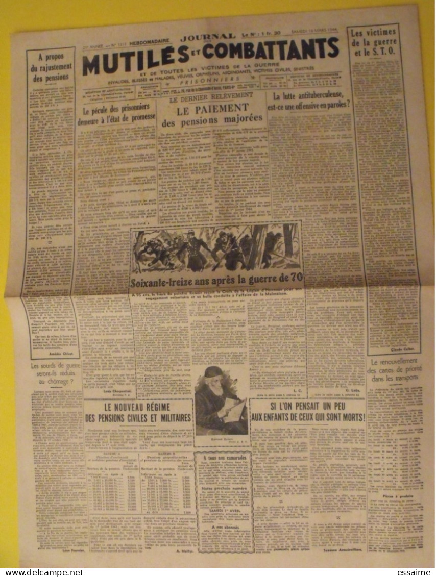 Journal Des Mutilés Et Combattants N° 1311 Du 18 Mars 1944. Prisonniers STO Cathala Petiot Attentats Collaboration LVF - Oorlog 1939-45