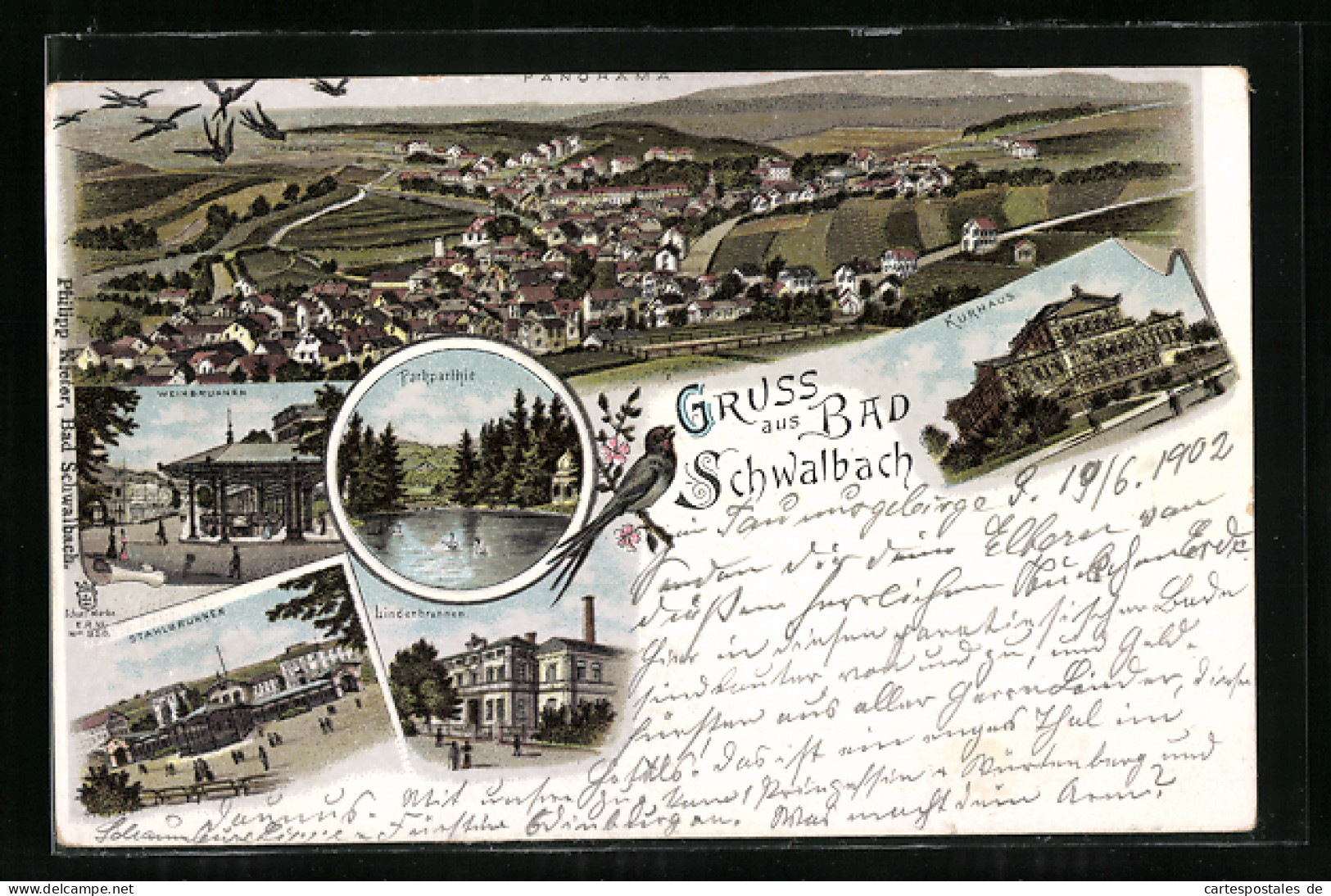 Lithographie Bad Schwalbach, Panorama, Kurhaus, Stahlbrunnen  - Bad Schwalbach