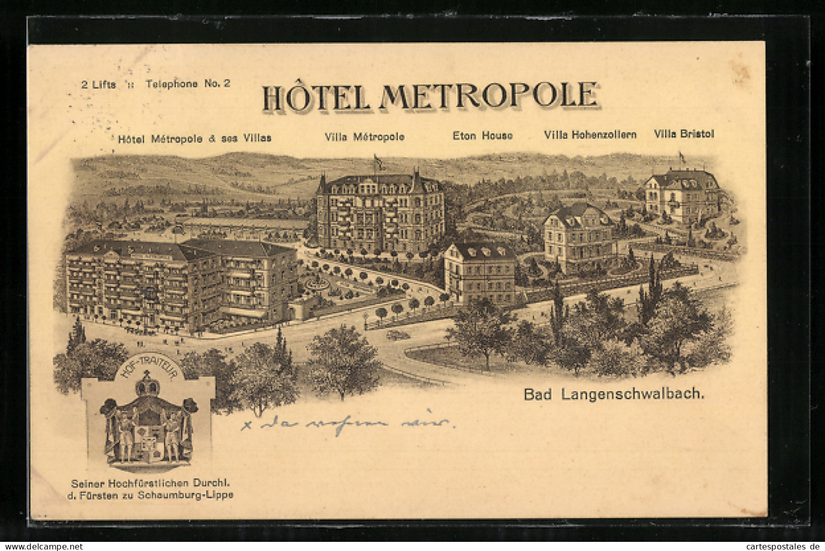 Lithographie Bad Langenschwalbach, Hotel Metropole, Villa Hohenzollern  - Langen