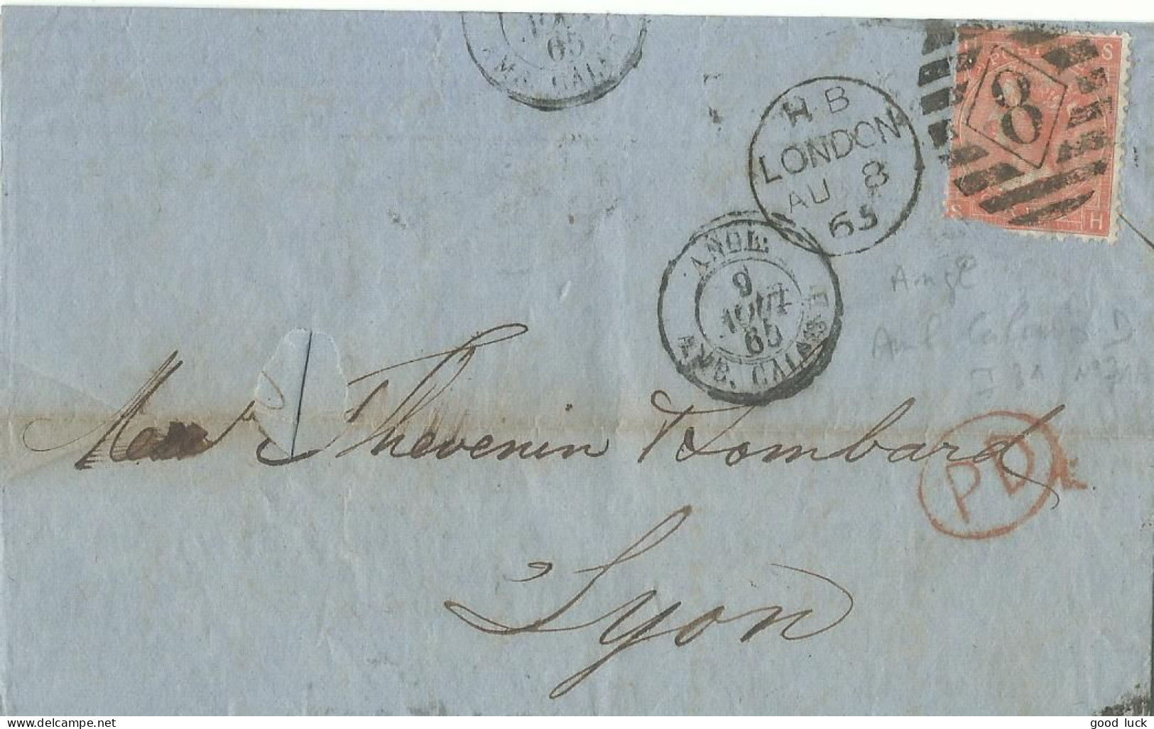 GRANDE BRETAGNE LETTRE 4P CACHET AMB. CALAIS + LONDRES POUR LYON ( RHONE ) DE 1865    LETTRE COVER - Briefe U. Dokumente