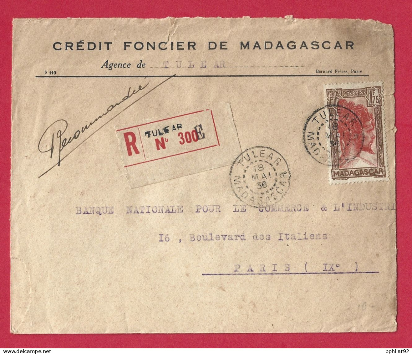 !!! MADAGASCAR, LETTRE RECOMMANDÉE DE TULEAR POUR PARIS DE MAI 1936 - Covers & Documents