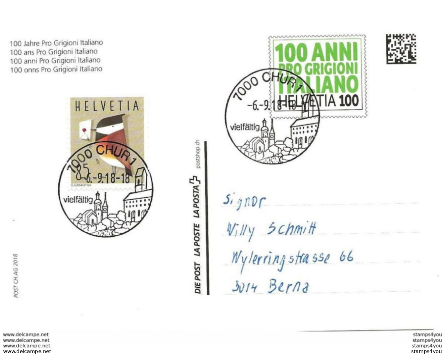 413 - 58 - Entier Postal "100 Anni Pro Grigioni" - Cachets Illustrés Chur 2018 - Postmark Collection