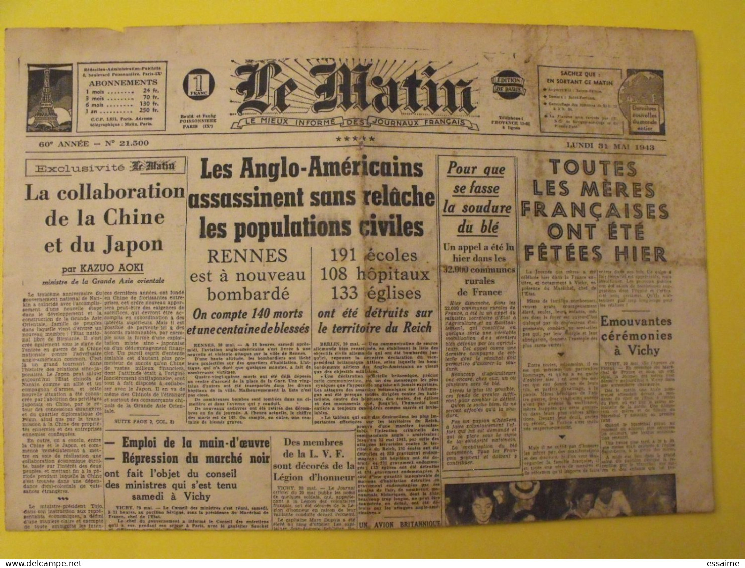 Le Matin Du 31 Mai1943. Chine Japon Collaboration Vichy LVF De Gaulle STO Bombardement - Weltkrieg 1939-45