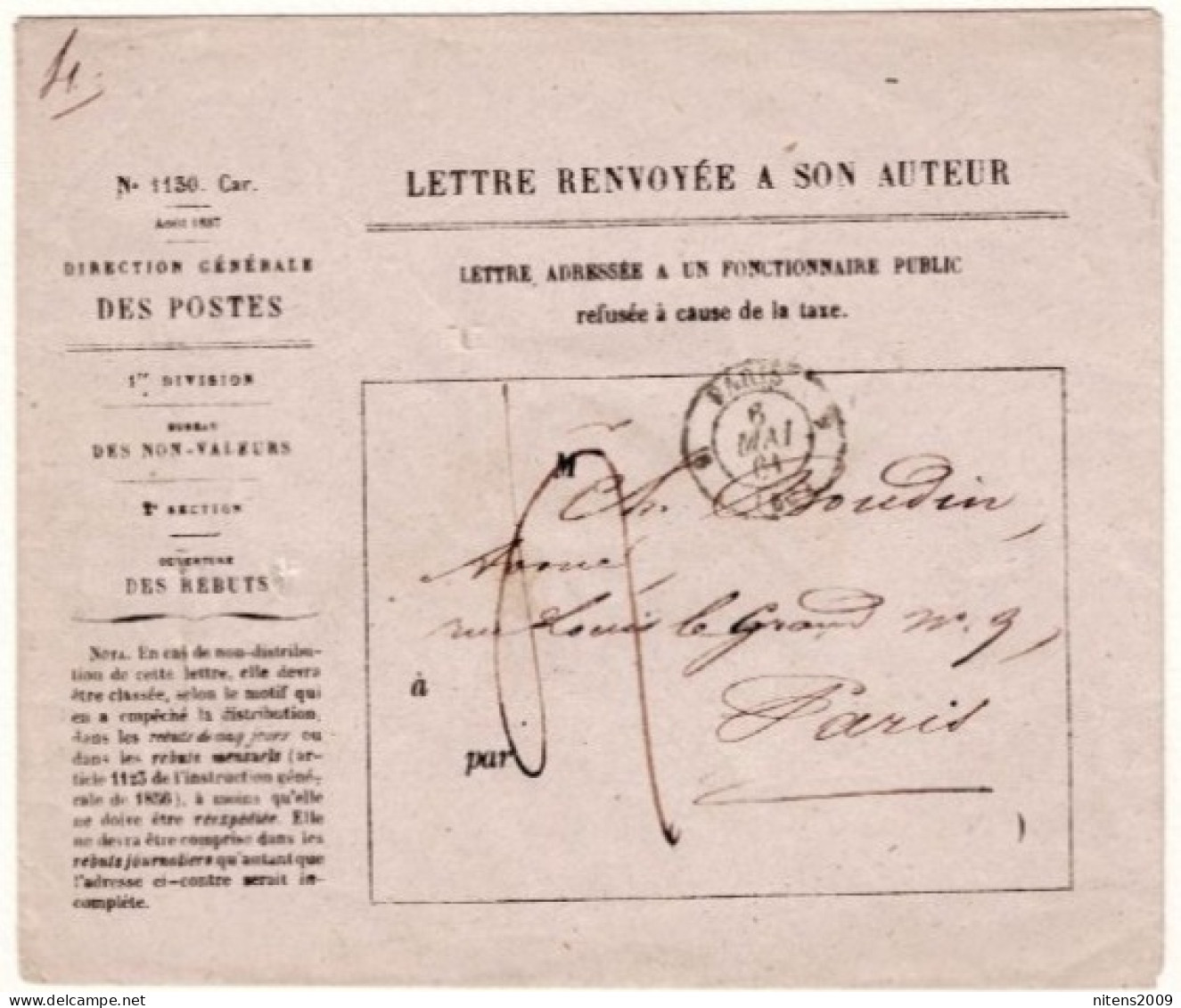 LETTRE RENVOYEE A SON AUTEUR PARIS POUR PARIS TAXEE 4 DECIMES 6 MAI 1861 SUP - 1849-1876: Période Classique